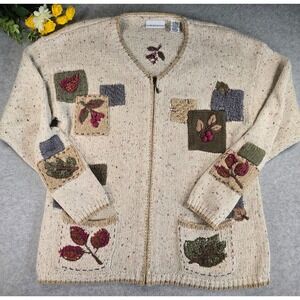 Croft & Barrow Zip Cardigan Small Beige Patchwork Embroidered Fall Leaf Sweater